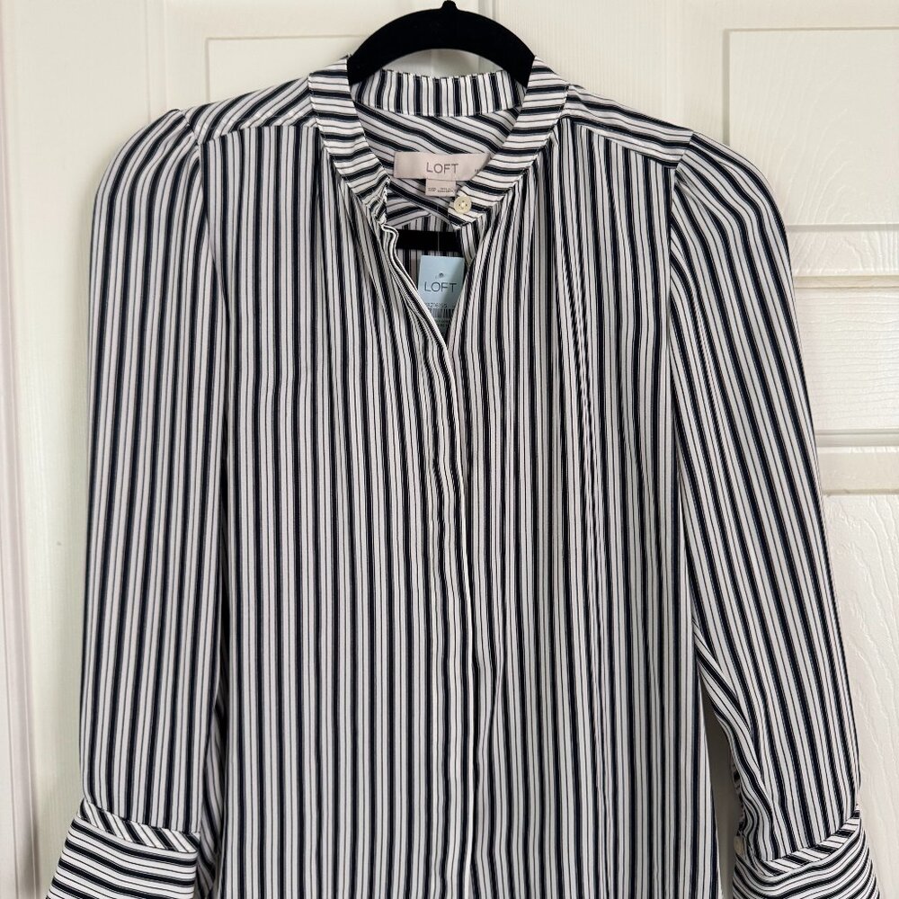 NWT Loft Petite Navy and White Striped Long Sleeve Blouse